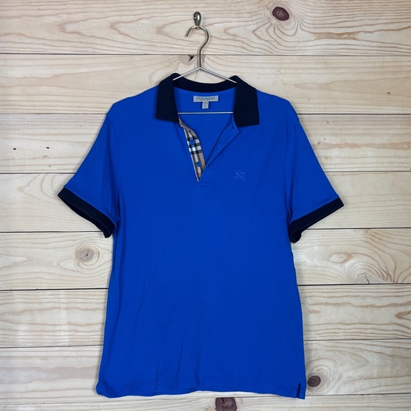 Burberry Royal Blue Polo Shirt with Check Detail - Picture 1 of 9